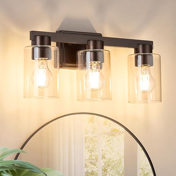 3-Light Bathroom Light Fixtures Modern Vanity Lights with Clear Glass Shade Oil Rubbed Bronze Wall Sconces Over Mirror for Bathroom,Powder Room, Living Room