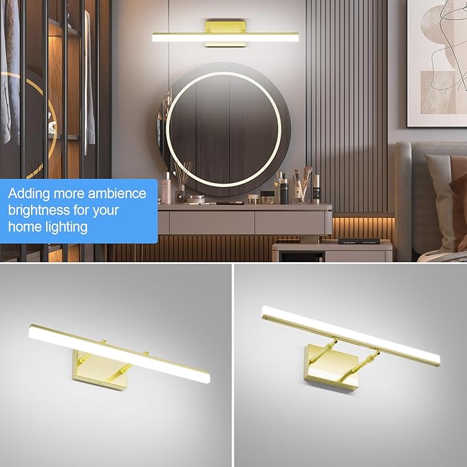 Aipsun Bathroom Vanity Light Brushed Gold Modern LED Vanity Lighting Over Mirror 24inch Adjustable Gold Wall Light for Bathroom (Cool White 5500K)