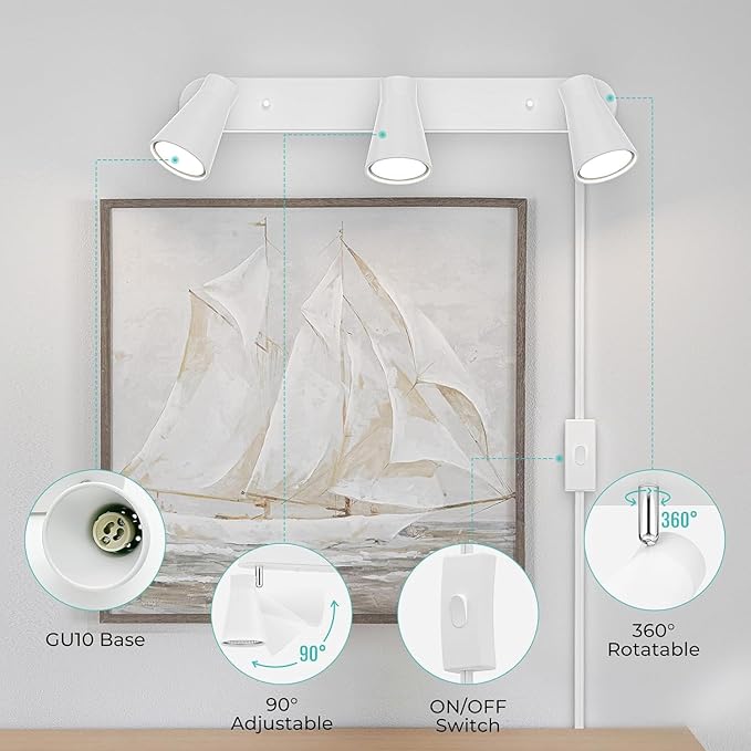 HURYEE Plug in Track Lighting, 3 Light Track Lighting Fixture, White Modern Ceiling Spotlight, Flexibly Rotatable Complete Light Kits for Kitchen Cabinet Living Room（Bulbs Not Included） (White)