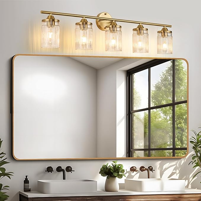 Jonsi Gold Bathroom Light Fixtures 5-Light Vanity Lights Modern Wall Sconce with Clear Glass Shade Brushed Brass Bathroom Light Fixture Over Mirror for Bedroom Hallway Kitchen