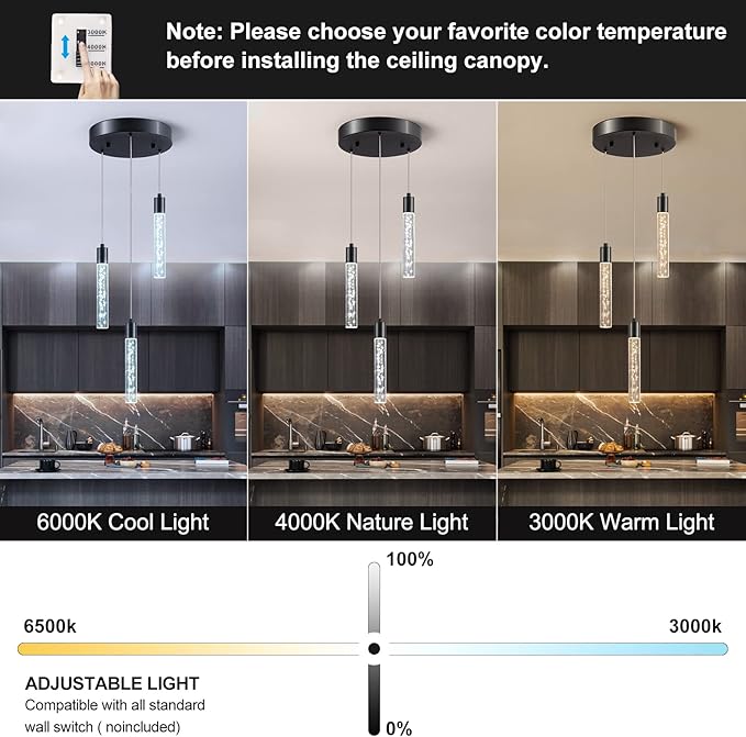 3 Black Pendant Lights Kitchen Island Modern with Adjustable Height - Clear Cylinder Island Lights, 3000-6000K Dimmable Kitchen Pendant Lighting for, Dining Room, Bar Counter