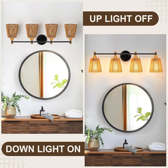 Bathroom Light Fixtures Vanity Lights Over Mirror, Rustic Farmhouse Rattan Wall Sconce with Boho Hand Woven Wall Lamp Natural Style Wall Mounted Light (30in - 5 Light)