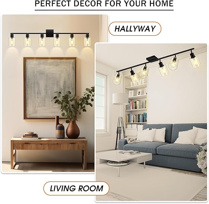 Track Lighting Fixtures Ceiling, 6-Light Track Light with Clear Glass Shade, 45" Modern Kitchen Lighting Ceiling with Rotatable Track Head, Black Wall Light for Vanity Hallway Bedroom(E26, No Bulb)