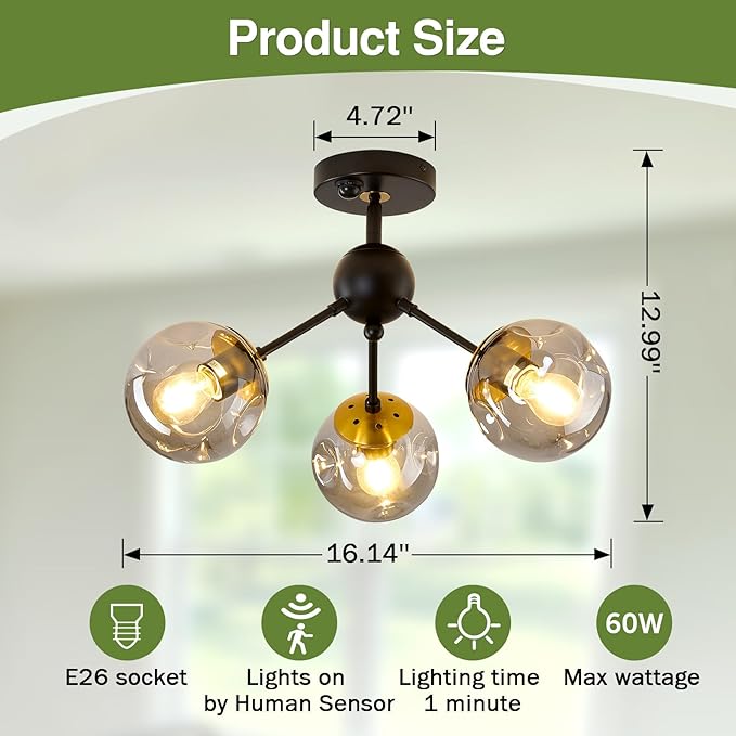 SZXYKEJI Motion Sensor Light Indoor 3-Light Vintage Semi Flush Mount Ceiling Light Fixture with Glass Globe Black Chandelier for Closet Hallway Stairway Porch Entryway