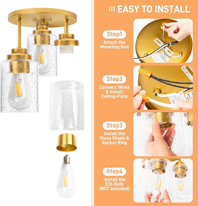 hykolity 3-Light Semi Flush Mount Ceiling Light, 9 Inch Gold Close to Ceiling Light Fixtures with Seeded Glass Shades, Modern Ceiling Lighting for Kitchen, Bedroom, Entryway, Hallway, ETL Listed