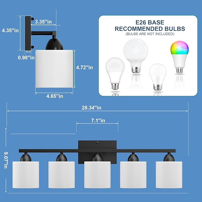 Black Bathroom Lighting Fixtures Over Mirror, 5-Light Anti-Rust Vanity Light for Bathroom, 28.34Inches Modern Wall Sconce, Standard E26 Base, Milky White Glass Shades, Bulbs Not Included