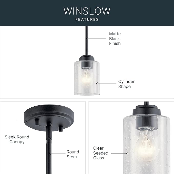 Kichler Winslow 7.5" 1-Light Mini Pendant Light with Clear Seeded Glass in Black for Kitchen, Bar, Laundry Sink, Bar Island (7.5" x 4.25"), 44032BK