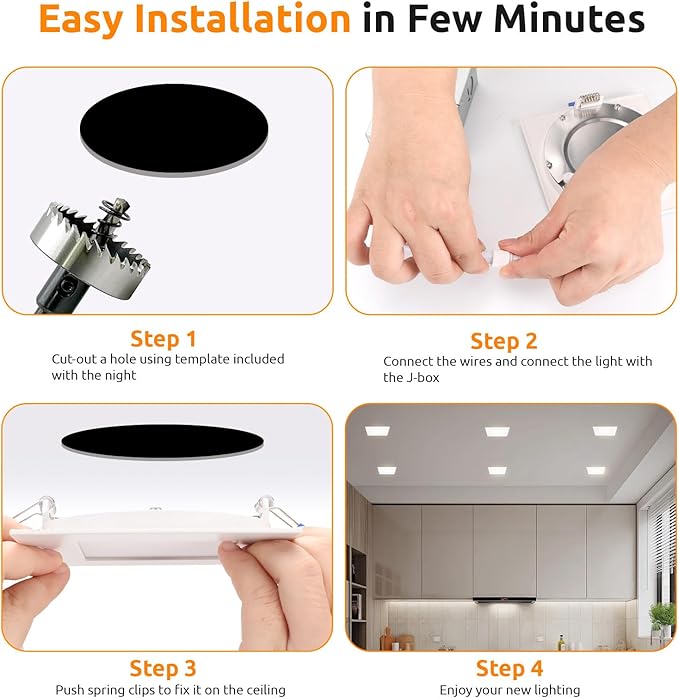 HONZIN Square LED Recessed Lighting 4 Inch, 5CCT Ultra Thin Led Recessed Ceiling Lights 6 Pack, Selectable 2700K/3000K/3500K/4000K/5000K, 9W, IC Rated, Dimmable Square White Trim with Junction Box