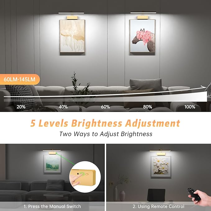 Lightbiz Picture Light, 15.35inch 5400mAh Rechargeable Picture Lights for Wall Battery Operated Wall Lights, 3 Colors Paintings Light Dimmable Art Light for Artwork, Gallery (Gold)