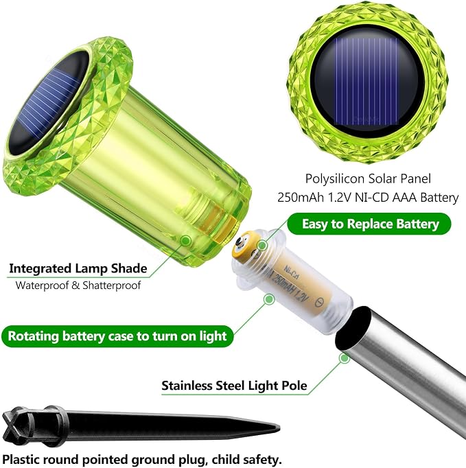DenicMic Solar Lights Outdoor 10 Pack Waterproof Outside Lights for Yard Pathway Garden Driveway Walkway Landscape Path Lighting Green LED Stainless Steel Stake Halloween Decor