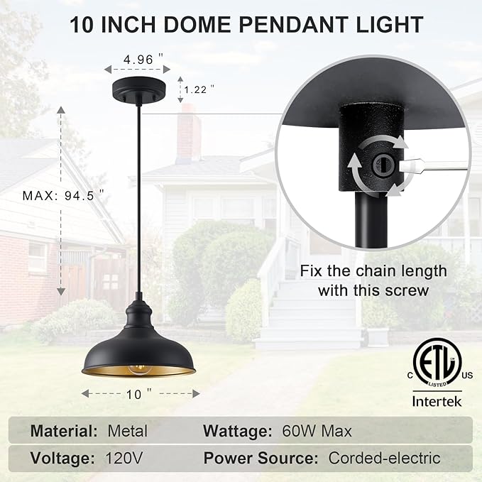 10in Outdoor Pendant Light Fixture Farmhouse Barn Style Kitchen Island Hanging Lamp for House, 2 Pack Black Entrance Pendant Mount Lighting with Brass Interior for Dining Room, Ajustable