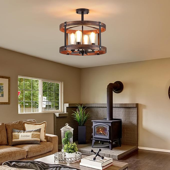 4-Light Large Rustic Farmhouse Flush Mount Ceiling Light Fixture 16.5 inch Oak Wood Round Drum Semi Flush Mount Ceiling Light for Bedroom Hallway Entry Dining Farmhouse Living Room, Black