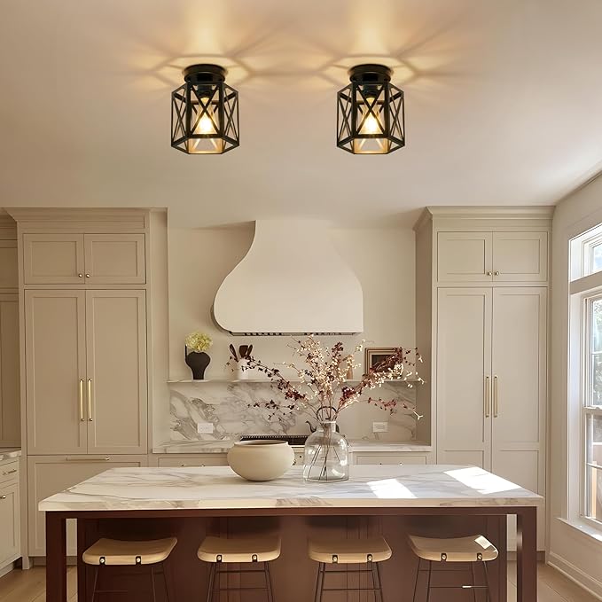 Modern Semi Flush Mount Ceiling Light,1-Light Hexagon Flush Mount Ceiling Lights for Dining Room Light Fixture,Farmhouse Black Metal Kitchen Island Lighting Fixtures for Hallway,Bathroom