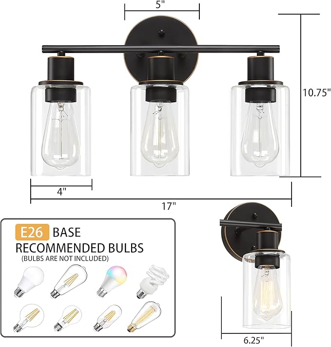 Pia Ricco Bathroom Vanity Light Fixtures, 3-Light Bathroom Wall Lights with Clear Glass Shades, Oil Rubbed Bronze Modern Vanity Light Over Mirror, Wall Sconces for Living Room Bedroom Hallway