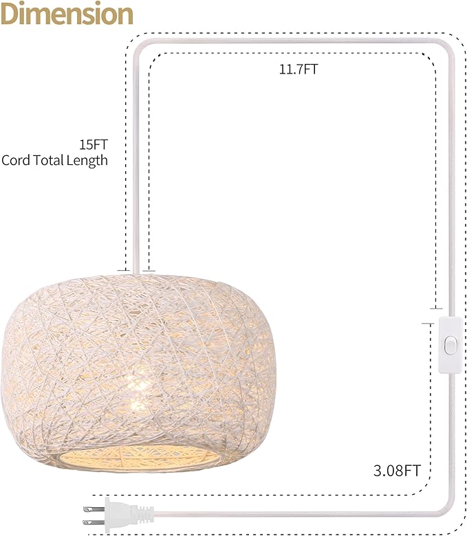 Plug in Pendant Light with Woven Rattan Lampshade, 12” Boho Hanging Lamp with 15FT Cord & On/Off Switch, E26 Socket, Ceiling Hook Installation for Bedroom Living Room Dining Nook Apartment