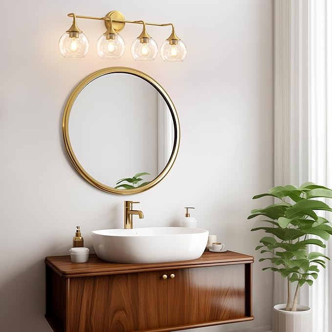 Bathroom Vanity Light Gold, 4 Light Bathroom Light Fixtures Over Mirror with Clear Glass Shade, 31 inch Vanity Lights for Bathroom Farmhouse (Exclude E26 Bulb)
