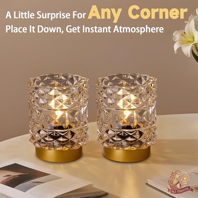 Battery Operated Lamp with Timer, Cordless Table Lamps for Shelf Decor, Rhombus Texture Aesthetic Crystal Lamp, Small Decorative Lamps for Bedroom/Bathroom/Kitchen/Entryway/Dorm (2 Pack Clear)