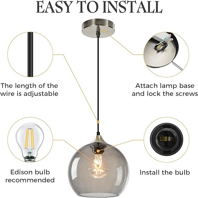 7.1in Medium Light Gray Glass Pendant Light for Kitchen Island, 2-Pack with Extra LED Bulbs & 4.92ft Adjustable Cord | Modern Minimalist Lighting for Dining Room, Living Room, Entryway