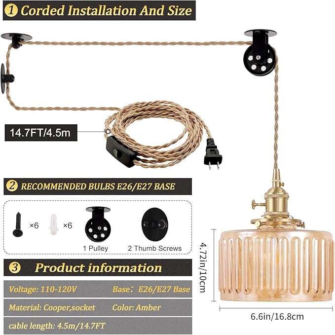 Shenmoyl Plug in Pendant Light Hanging Light Fixture Corded On/Off Switch Brass Pendant Light with Amber Striped Glass Lampshade for Bedroom Living Room Kitchen Island