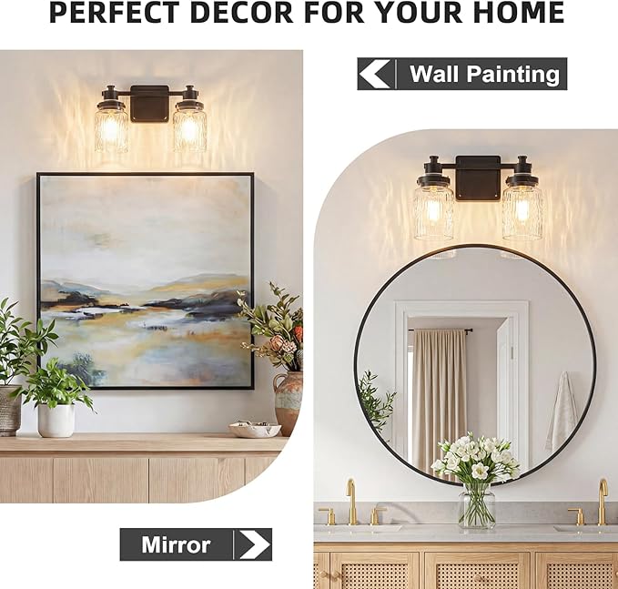 2 Lights Bathroom Light Fixtures Farmhouse Black Vanity Lights for Bathroom Lighting Fixtures Over Mirror with Hammered Glass Lampshade for Cabinet Mirror Bedroom Hallway
