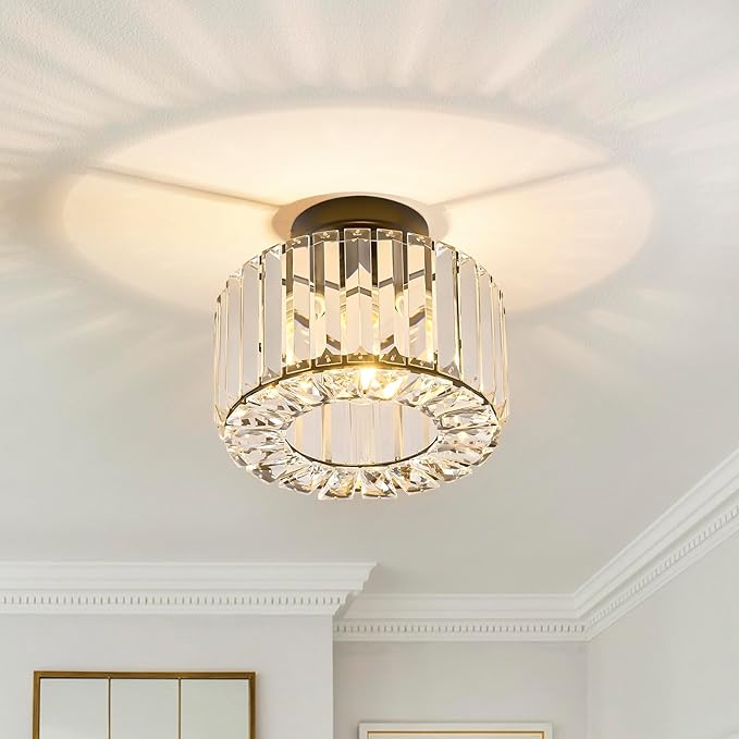 BUXVRCS Crystal Ceiling Light Fixture - Semi Flush Mount Ceiling Light Modern Chandelier Hallway Light Fixtures Ceiling Flush Mount Light Fixtures for Kitchen Bedroom Bathroom Entryway (Black)