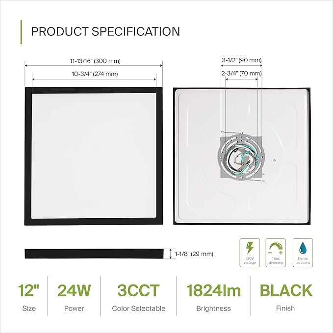 ASD LED 12" Square Flush Mount Light | 24W 1820LM 3000-5000K 120V | 3CCT, Dimmable, Ultra Slim, ETL Listed | Thin Surface Lamp, Bedroom Ceiling Lighting | Black, 4 Pack