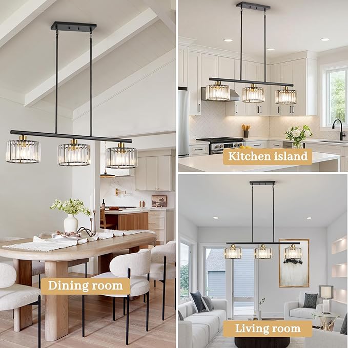 TALOYA Pendant Lights Kitchen Island Black and Gold, 3-Light Crystal Pendant Light Modern, Height Adjustable Chandelier Hanging Island Light Fixtures for Kitchen Dinning Room(Bulb Not Included)