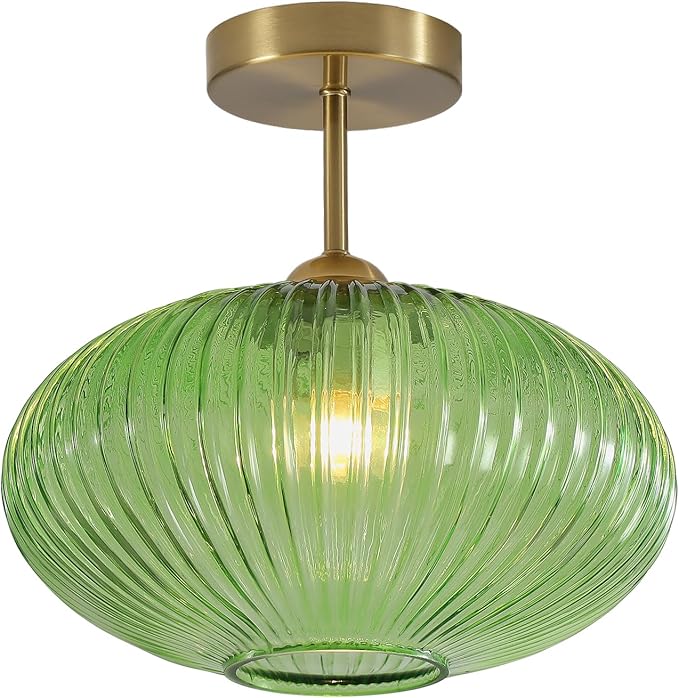 BOKT Modern Ceiling Light Green Glass Pendant Light Stairway Mid Century Close to Ceiling Light Gold Semi Flush Mount Ceilings Light Fixture for Island Kitchen Dining Room Hallway 9.8"