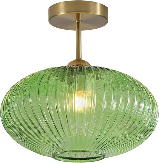 BOKT Modern Ceiling Light Green Glass Pendant Light Stairway Mid Century Close to Ceiling Light Gold Semi Flush Mount Ceilings Light Fixture for Island Kitchen Dining Room Hallway 9.8"