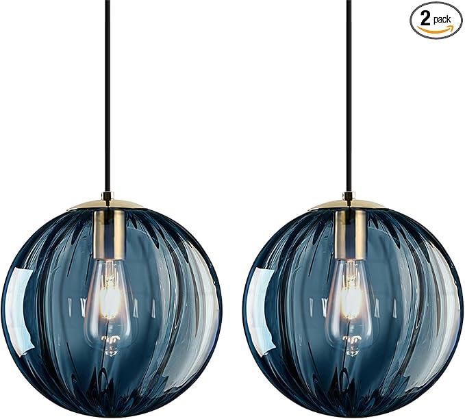 Modern Blue Glass Pendant Light, Kitchen Island Lighting 2-Pack Globe Pendant Light Fixtures Century Kitchen Island Pendant Lighting for Bedroom Living Dining Room Light Fixture (Without Bulb)