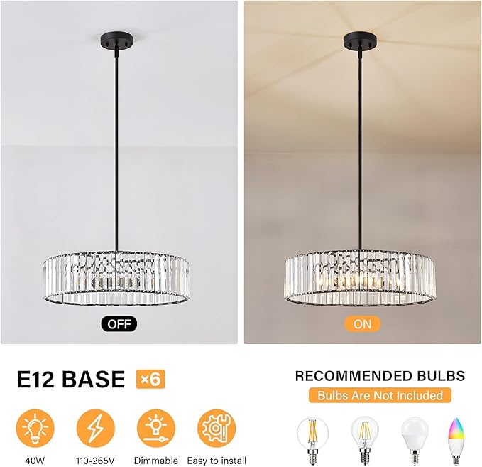 Black Crystal Ceiling Light Fixture, Modern Semi Flush Chandelier, Round Hanging Lighting Chandeliers for Dining Room, Kitchen, Bedroom, 6-Light, 19.68 Inch