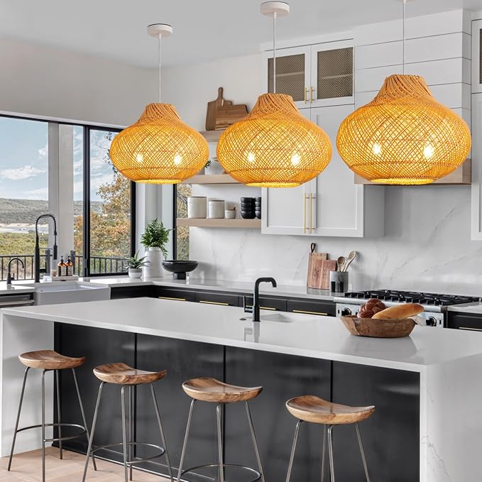 2-Light Rattan Pendant Light,14.96" Hanging Light,Round Wicker Pendant Light Hand-Woven Rattan Chandelier for Workplace Dining Living Bedroom Kitchen Farmhouse 1-Pack