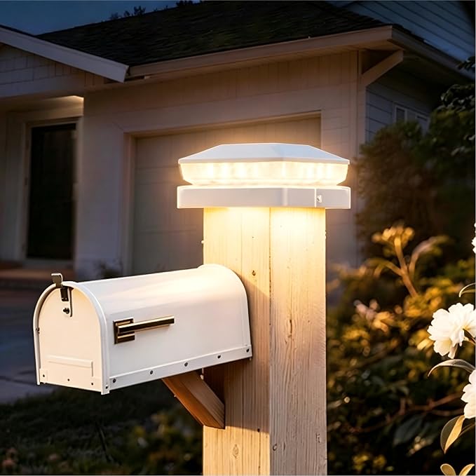 Solar Post Cap Lights 2 Pack, IP65 Waterproof Outdoor Fence Post Solar Lights for 3.5x3.5 & 4x4 Wood/Vinyl Posts, 10-12 Hours Upgraded Warm/Cool White Glow for Garden/Patio/Porch - Ivory White