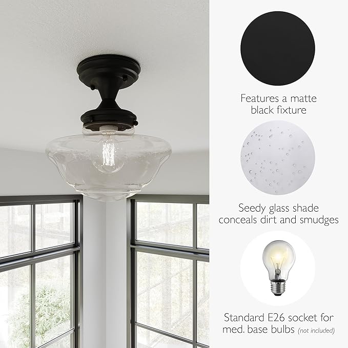 Design House Vintage-Inspired Schoolhouse Semi-Flush Mount Ceiling Light, 9 in x 9 in x 10 in, Matte Black, Clear Seeded Glass Shade, 587444