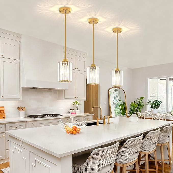 3-Pack Brushed Gold Pendant Lights Kitchen Island Modern Crystal Hanging Pendant Light Hexagonal Mini Chandelier Adjustable Hanging Kitchen Lights for Dining Room Hallway Bedroom Entryway Pendant Lamp