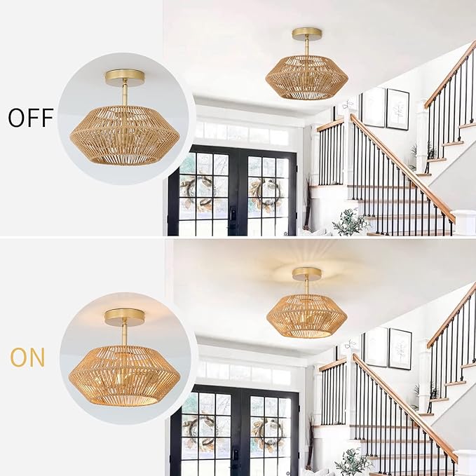 2-Lights Woven Rattan Ceiling Light Fixture, Beige Farmhouse Hand-Woven Cage Semi Flush Mount Light, Small Boho Coastal Basket Close to Ceiling Light for Bedroom Hallway Nursery Entryway