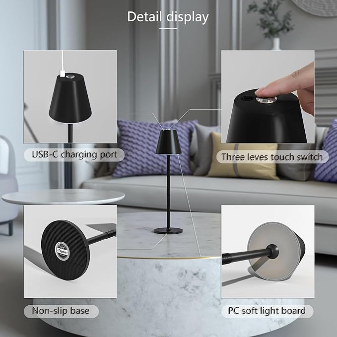 Timjorman 4-Pack Cordless Table Lamps - 5000mAh Rechargeable Battery Operated Desk Lamp, 3-Level Dimmable LED Night Light for Bedroom, Dining, Restaurant - Metal Design(Black 4pack)