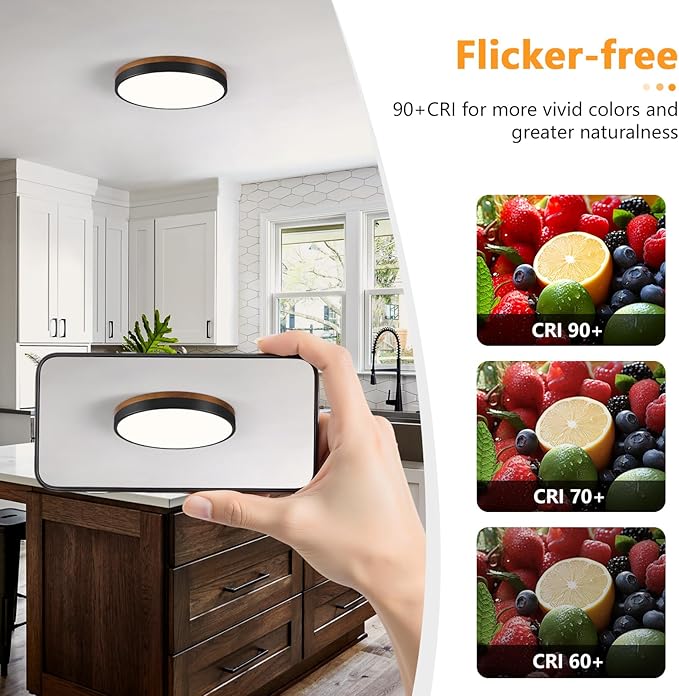 Modern Walnut Wood Black Flush Mount Ceiling Light, 11.81" Round LED Low Profile Close to Ceiling Fixture for Kitchen Bedroom Bathroom Laundry Hallway Entryway Closet Living Room