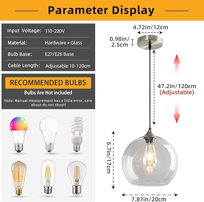 Modern 3-Pack Glass Globe Pendant Lights, Clear Modern Pendant Lighting for Kitchen Island, Clear Glass Hanging Lamps for Dining Room Living Room Bedroom, Medium 7.87 Inch Fixture (Bulbs Not Included)