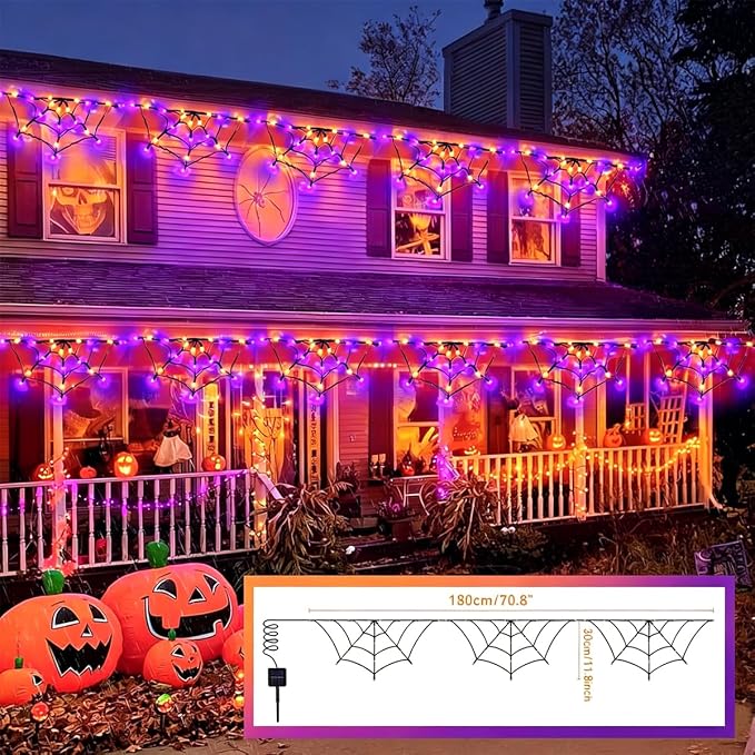 Halloween Spider Web Lights Outdoor, Solar Light up Cobweb String Lights with 60LED Purple&Orange Lights, Spiderweb Curtain Fairy String Lights for Halloween Decorations Fireplace Proch Window Garden