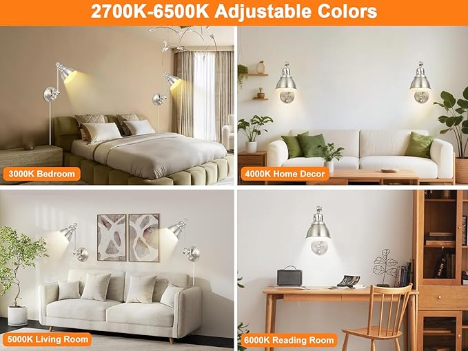 2 Pack Plug in Wall Sconces with Remote Control, Dimming, Adjustable Colors 2700K-6500K, Swing Arm Wall Lamps with Night Light & Timer, Plug-in or Hardwired, LED Bulbs Included, Brushed Nickel