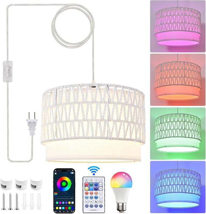 ZSLAIFU Hanging Lamp Plug in Pendant Light, 15FT White Hanging Lights with Plug in Cord, Hanging Light with Bulb and Remote, Hanging Lamps for Bedroom, Living Room, Kitchen, Farmhouse