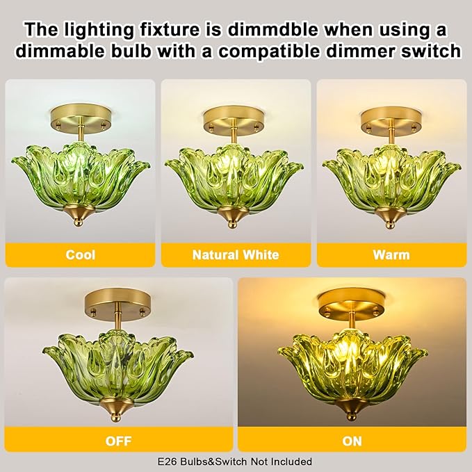 Semi Flush Mount Ceiling Light, Gold Vintage Light fixtures with Floral Green Glass Shade, Modern Close-to-Ceiling Lighting for Bedroom Kitchen Living Room Hallway