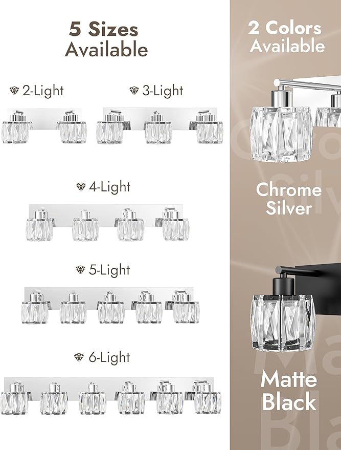 VOLISUN Crystal Vanity Lights for Bathroom, 4 Light Modern Stainless Steel Bathroom Light Fixtures Over Mirror, Chrome Bathrooms Lights Fixtures - UL Certificated (Exclude Bulb)