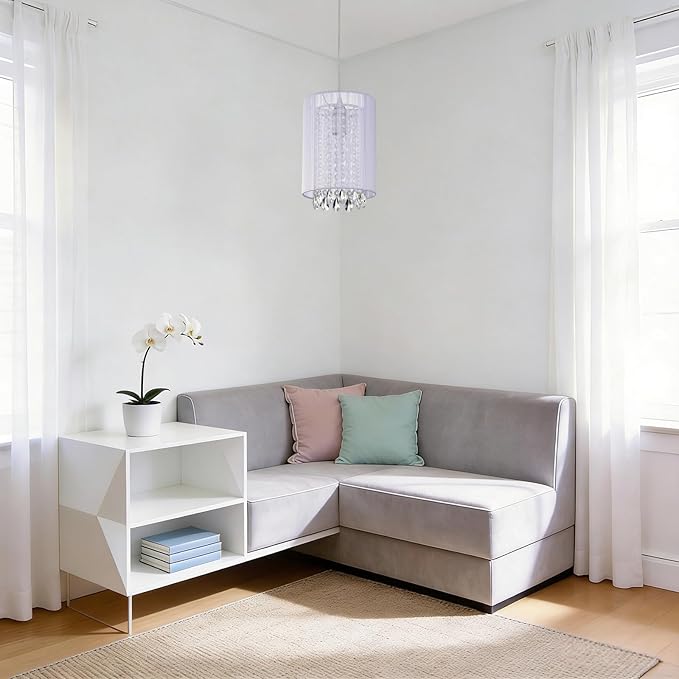LaLuLa Plug in Hanging Light,White Cotton Plug in Chandelier,Crystals Hanging lamp Plug in,1-Light Hanging Lights with Plug in Cord for Bedrooms,Girls Room,Vanity,Playhouse,Closet,Bathroom