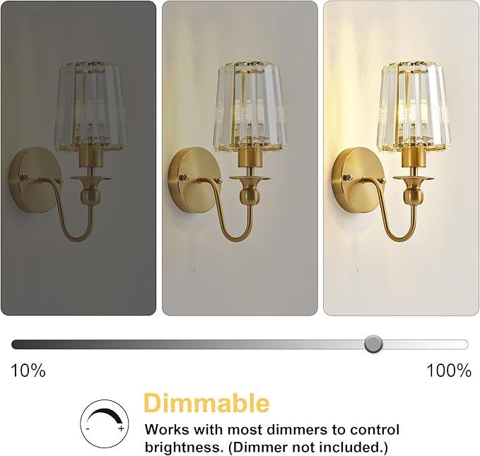 KARTOOSH Hardwired Crystal Wall Sconces Set of Two - Dimmable Wall Light Fixtures 3000K, Warm White, for Hallway, Bathroom, Living Room, Bedroom, Brass, 11.2 Inch