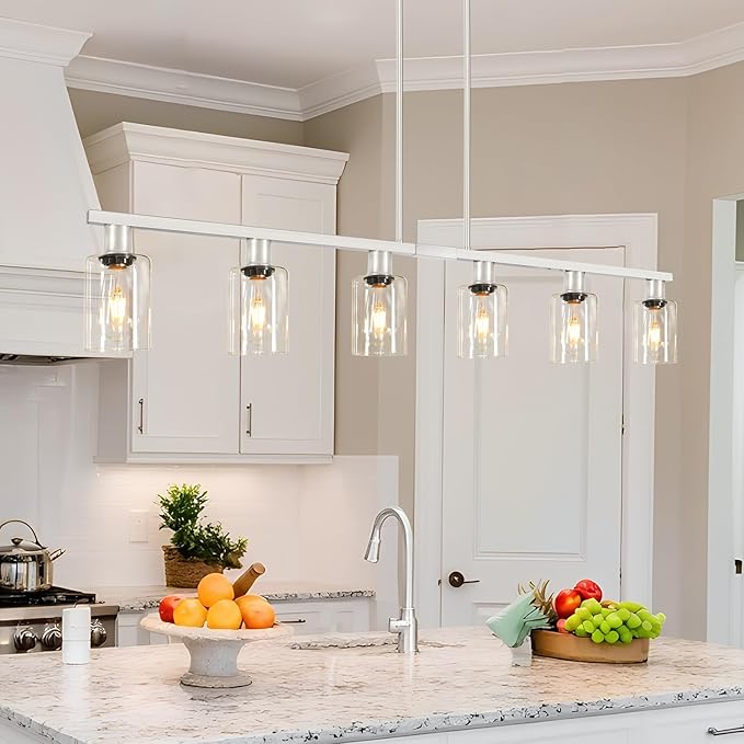 6-Light Kitchen Island Lighting with Glass Shade and Adjustable Rods, Brushed Nickel Dining Room Light Fixture Over Table, Farmhouse Linear Chandelier Pendant Light for Kitchen Living Room