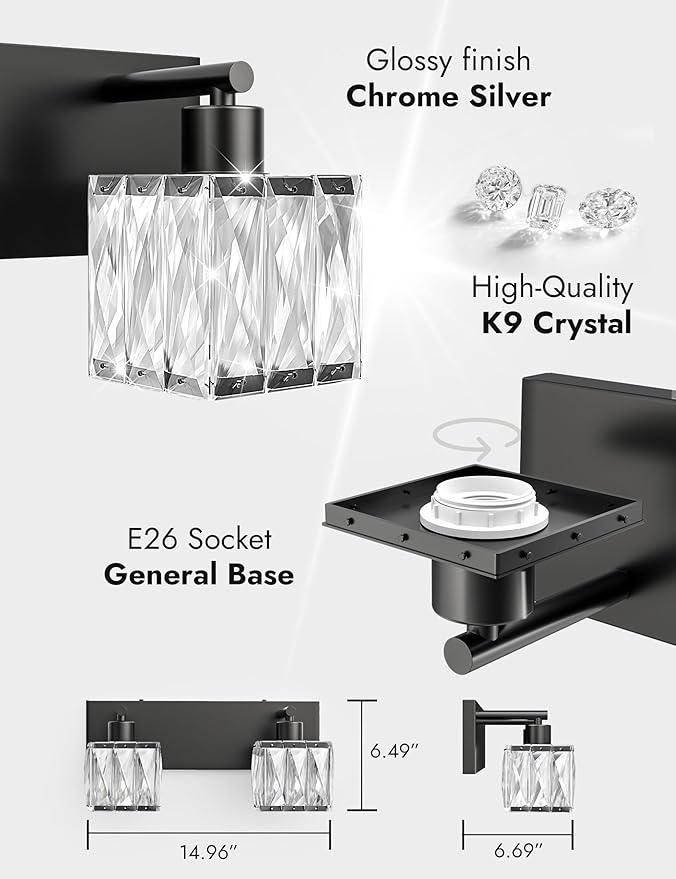 VOLISUN Black Bathroom Light Fixtures, Modern Bathroom Lighting Fixtures Over Mirror, 2 Light Bathrooms Vanity Light, Crystal Vanity Light for Bathrooms-UL Certificated(Exclude Bulb)