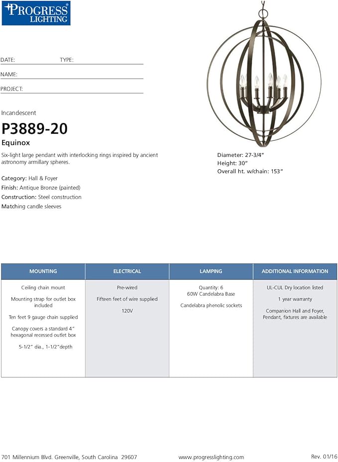 Progress Lighting P3889-20 Equinox-Six Light Foyer, Antique Bronze Finish