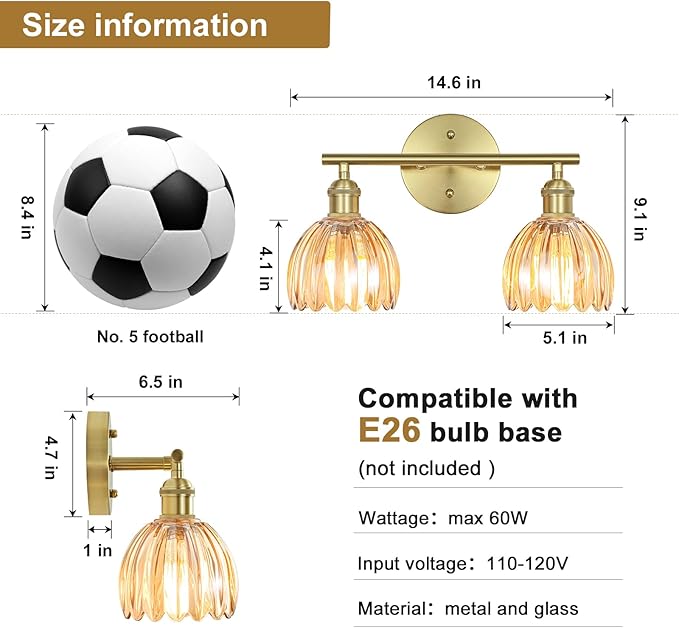 Vintage Bathroom Light Fixtures,2-Light Hardwired Vanity Lights with Amber Tulip Glass Shade,Gold Bathroom Vanity Light for Mirror Restroom,E26 Socket,14.57 in(Bulbs Not Included)